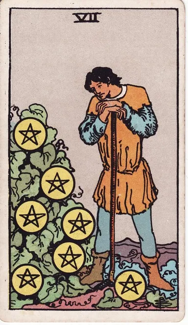 펜타클 7 (Seven of Pentacles) 타로 카드